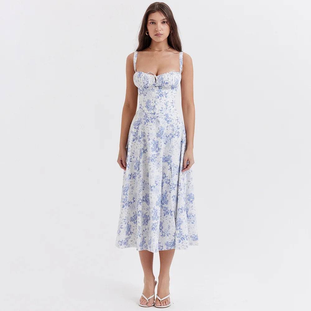 Mingmingxi Floral Print Summer Holiday Dress Elegant Midi Spaghetti Strap Lace Up Dress A Line Casual Women Clothing 240518