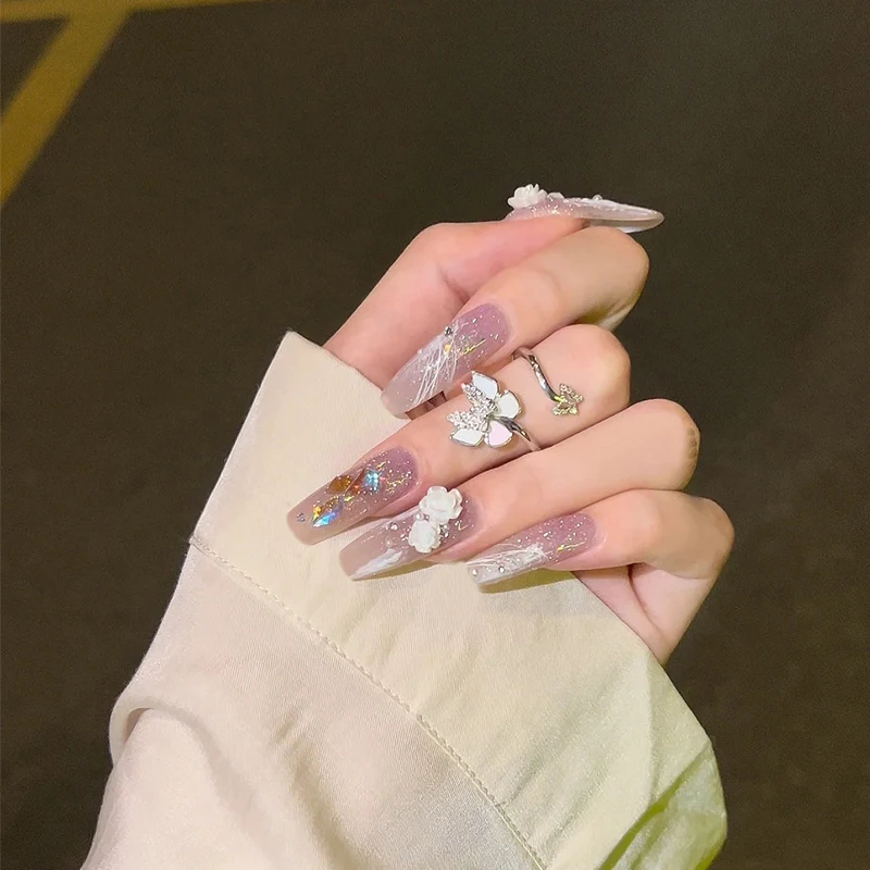 pcs False Nail Wearable Ice Color Camellia Aurora Broken Dia Ballet Fingernails Finished Removable and Reusable Patch 5