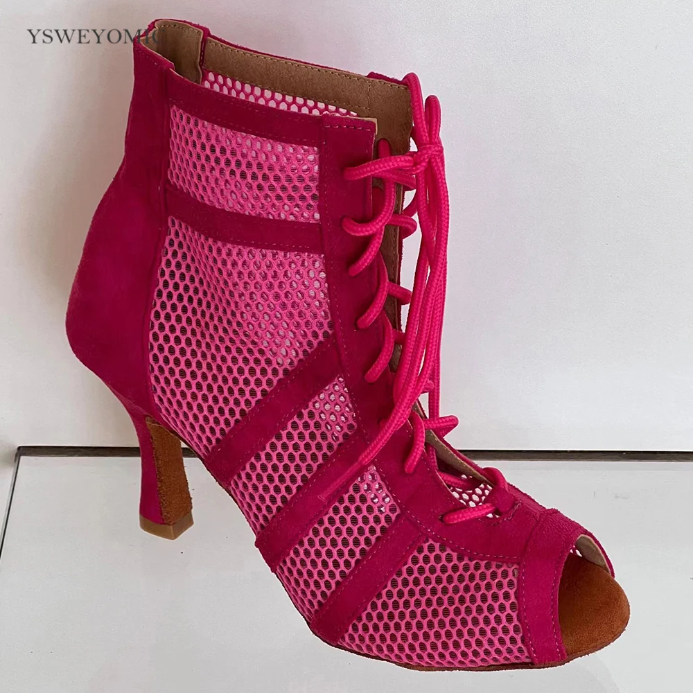 Summer Pink Yellow Women High Heels Sexy Dance Booties Suede Leather Indoor Outdoor Salsa Ballroom Bachata Dance Shoes YSW-181