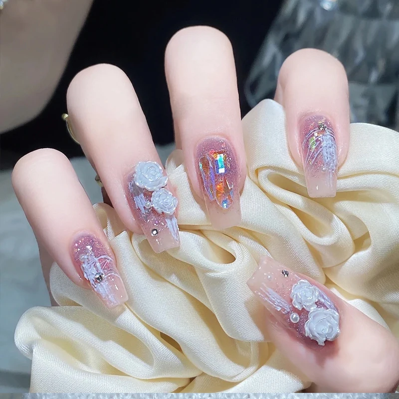pcs False Nail Wearable Ice Color Camellia Aurora Broken Dia Ballet Fingernails Finished Removable and Reusable Patch 5