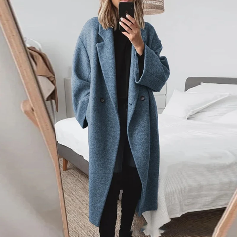 Simple Casual Turn-down Collar Long Coat Women Double Breasted Autumn Jacket Cardigan Winter Long Sleeve Woolen Trench Outerwear