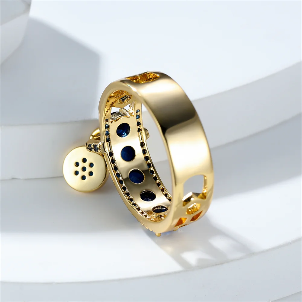 Vintage Royal Blue Stone Ring Yellow Gold Color Luxury Female Wedding Rings For Women Round Dangle Ring Engagement Jewelry Gifts