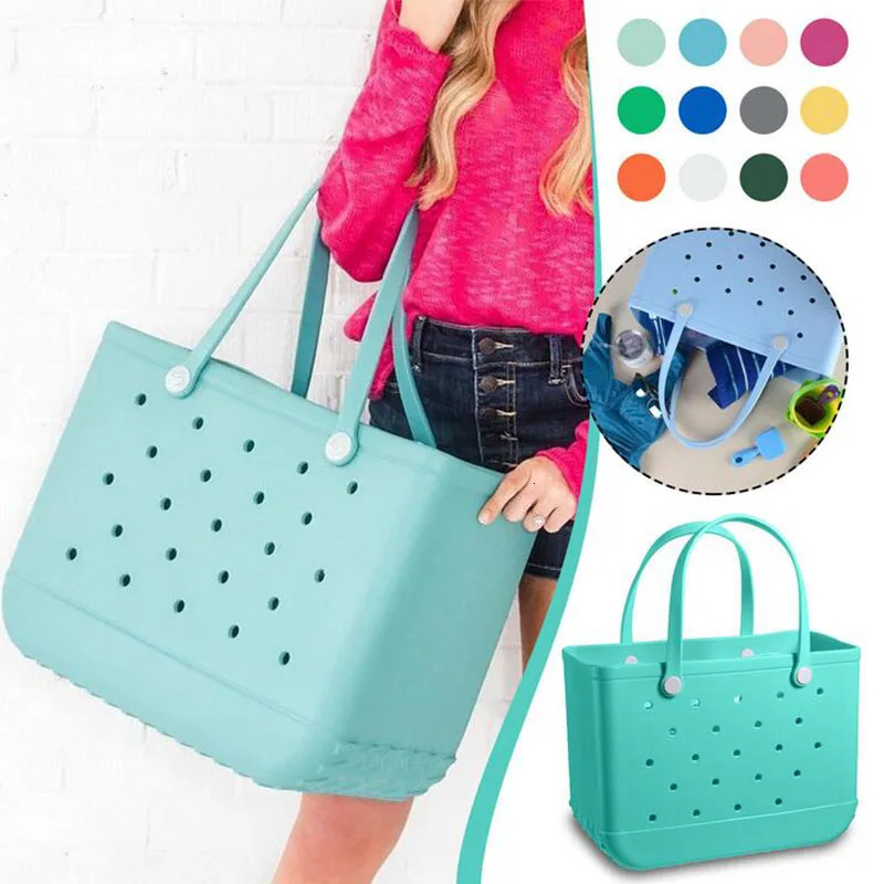 Multi colored rubber bag EVA perforated waterproond dustproof durable open silicone handbag suitable for outdoor beach swimming pool sports 240515