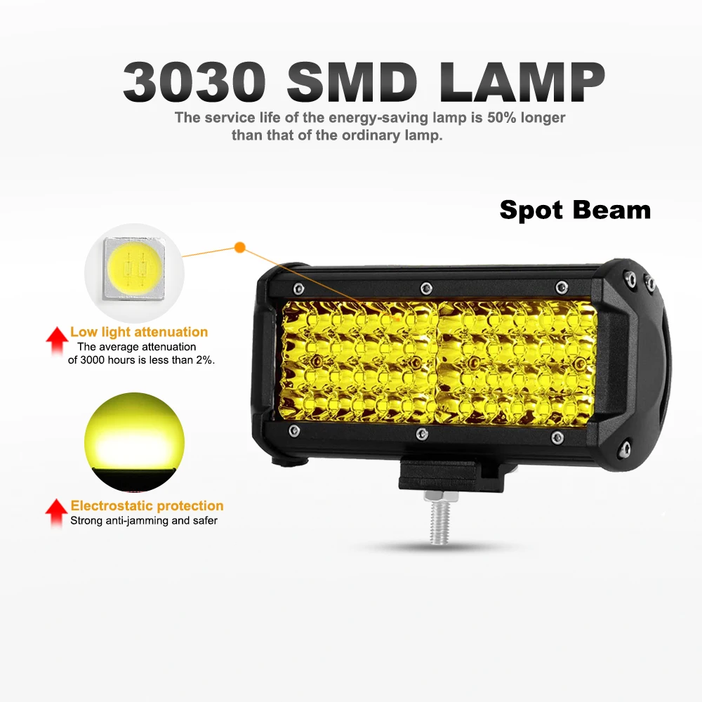ANMINGPU 4" 7" 72W 144W Yellow LED Light Bar for Car Truck Boat 4x4 Tractor Spotlight LED Work Light Bar Offroad LED Bar 12V 24V