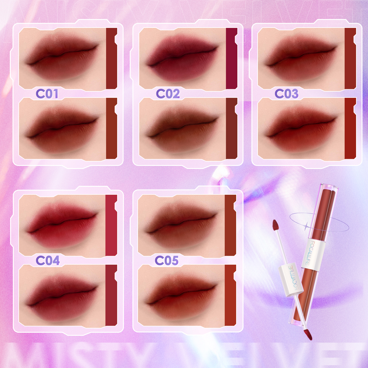 FOCALLURE Dual Head Ultralight Misty Velvet Lipgloss Non-sticky Anti-transfer Waterproof Liquid Lipstick Liptint Makeup Cosmetic