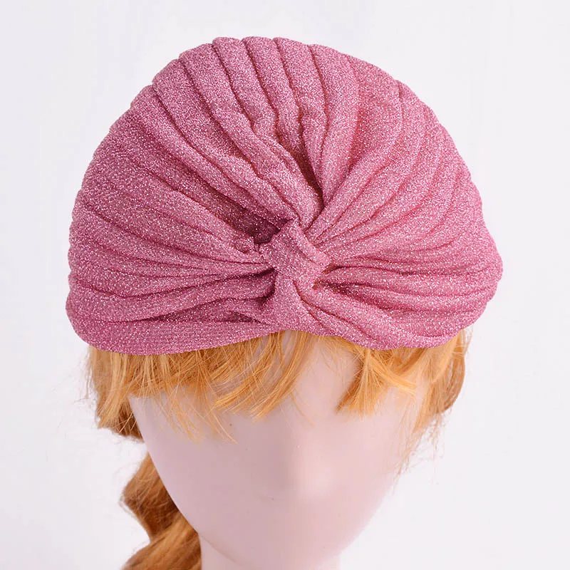 Women Twist Turban Cap Shiny Gold Silver Color Glitter Indian Hat Casual Solid Color Warm Female Beanie Caps Simple Headscarf