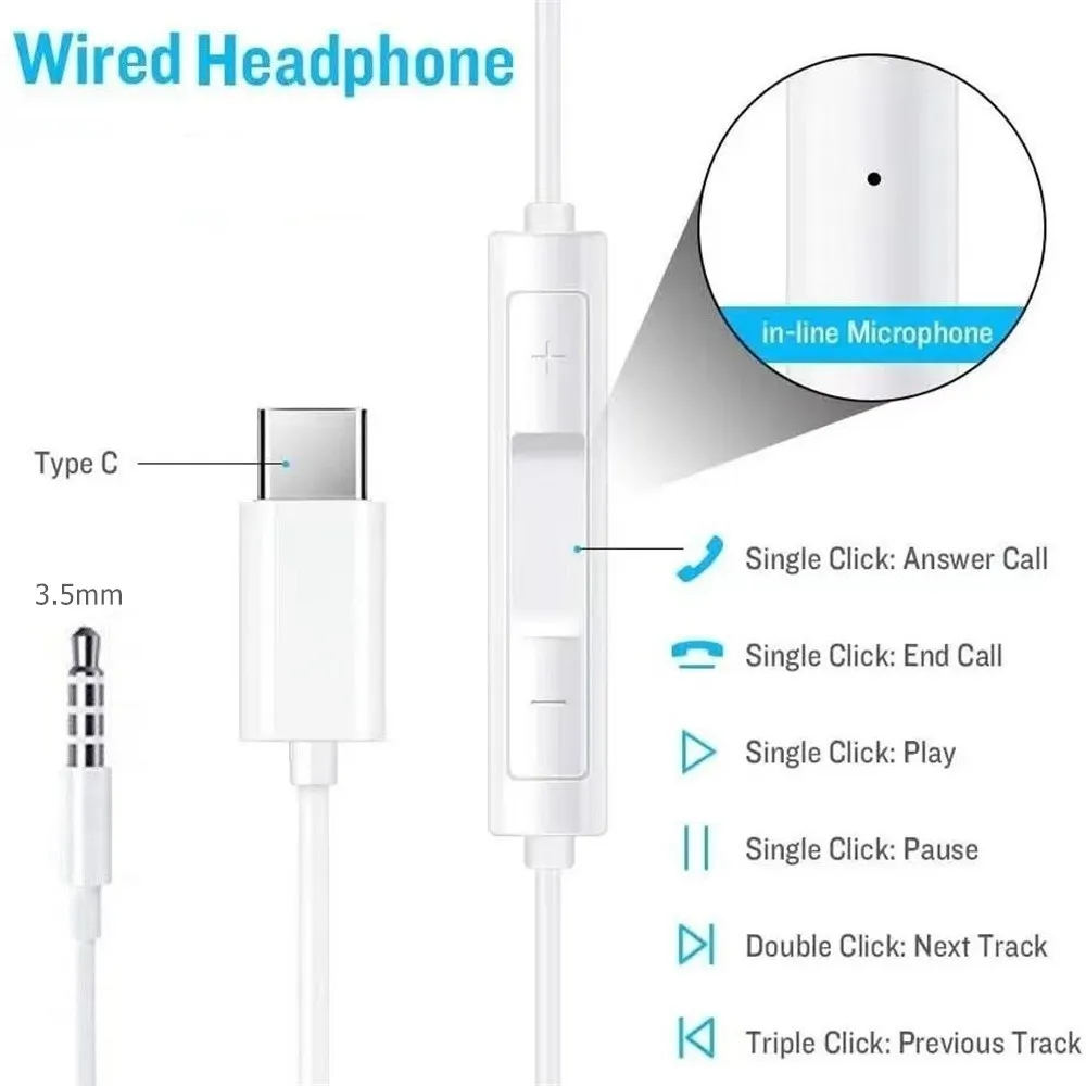 Shoumi Type-C In-Ear Wired Headphones for Huawei iPhone Xiomi 3.5 Stereo Music Earbud Wire Controlled Headset Hifi Earphone USB