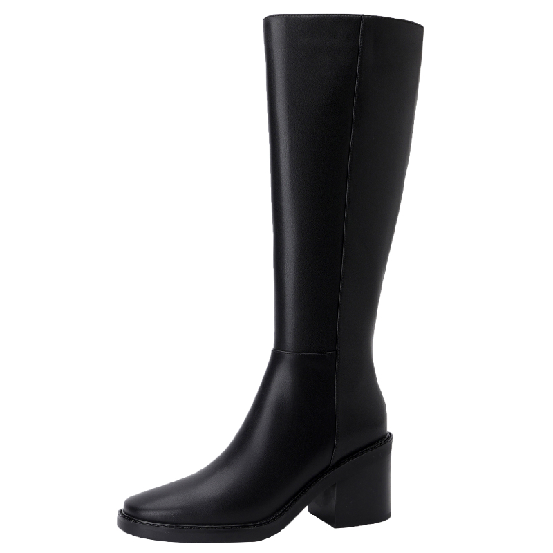 Leather Genuine Tall Women Thick Heels Knee High Boots Autumn Winter Warm Ladies Long Shoes Black Elegant Designer 1c4b