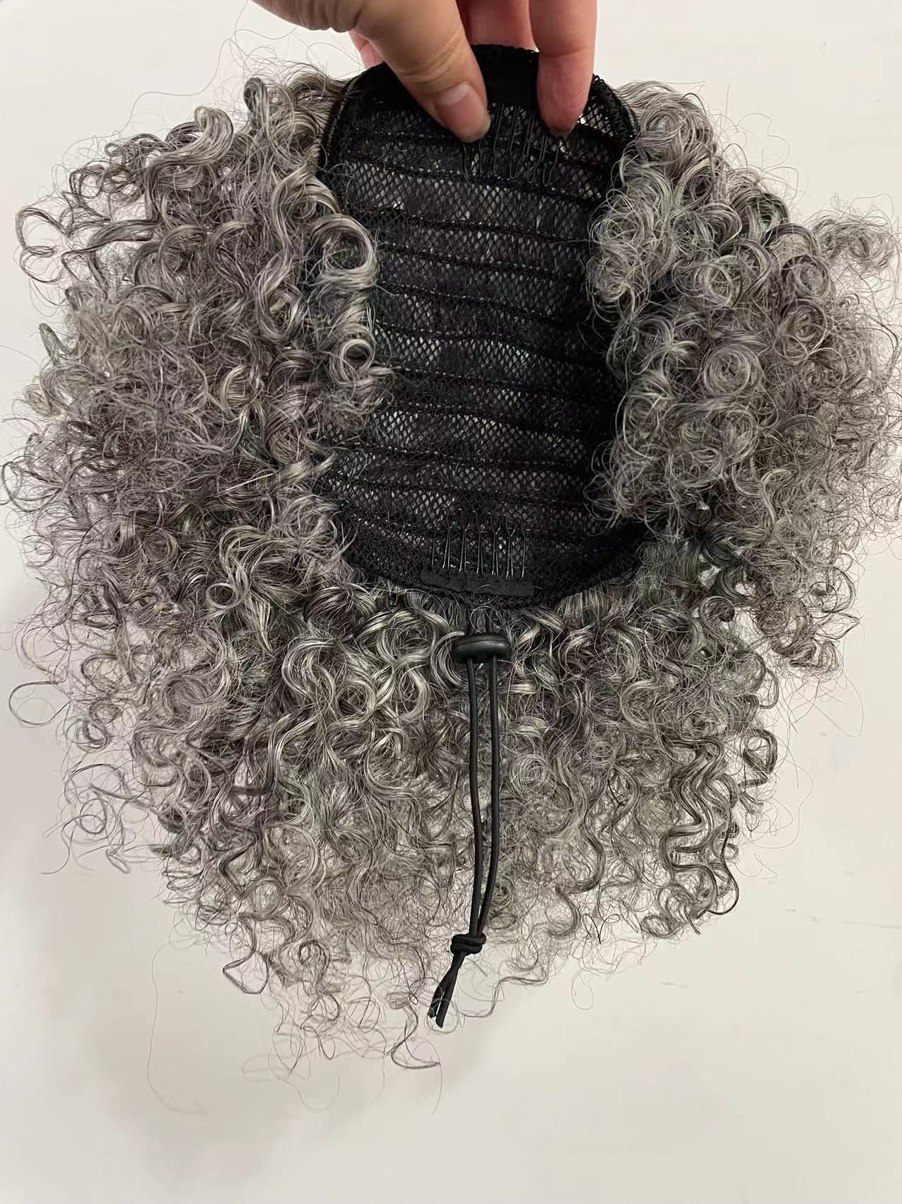 Salt pepper raw hair gray curly ponytail women topper hairpiece natural highlights gray kinky salt and pepper hairhair piece 120g 10inch about
