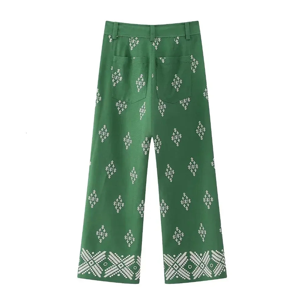 Embroidery Linen Straight Pants Women Vintage High Waist Wide Leg Zipper Fly Female Ankle Trousers Mujer Casual 240513