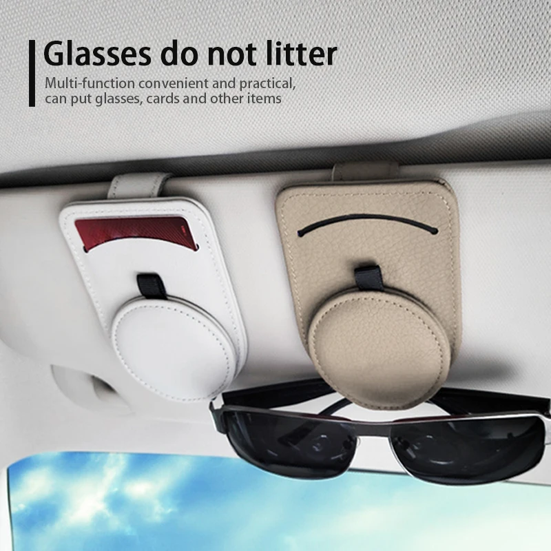 SEAMETAL Genuine Leather Car Glasses Holder Sun Visor Sunglasses Clip Premium Top Layer Cowhide Eyewear Mount with Card Holder