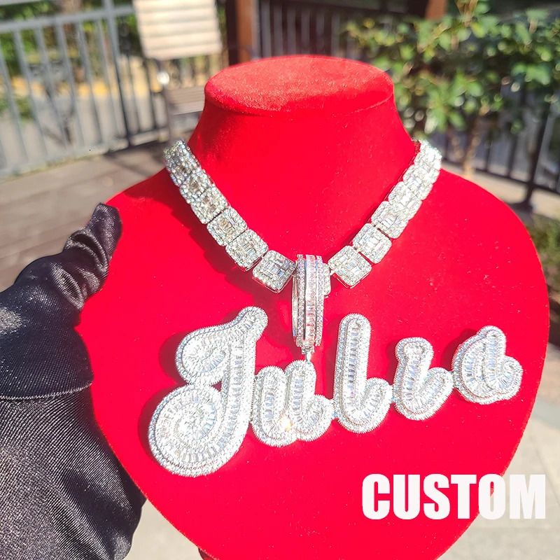 Custom Big Brush Cursive Iced Out Name Pendant Bubble Letters Word Necklace With Rhinestone Baguettes Chain Letter Jewelry 240514