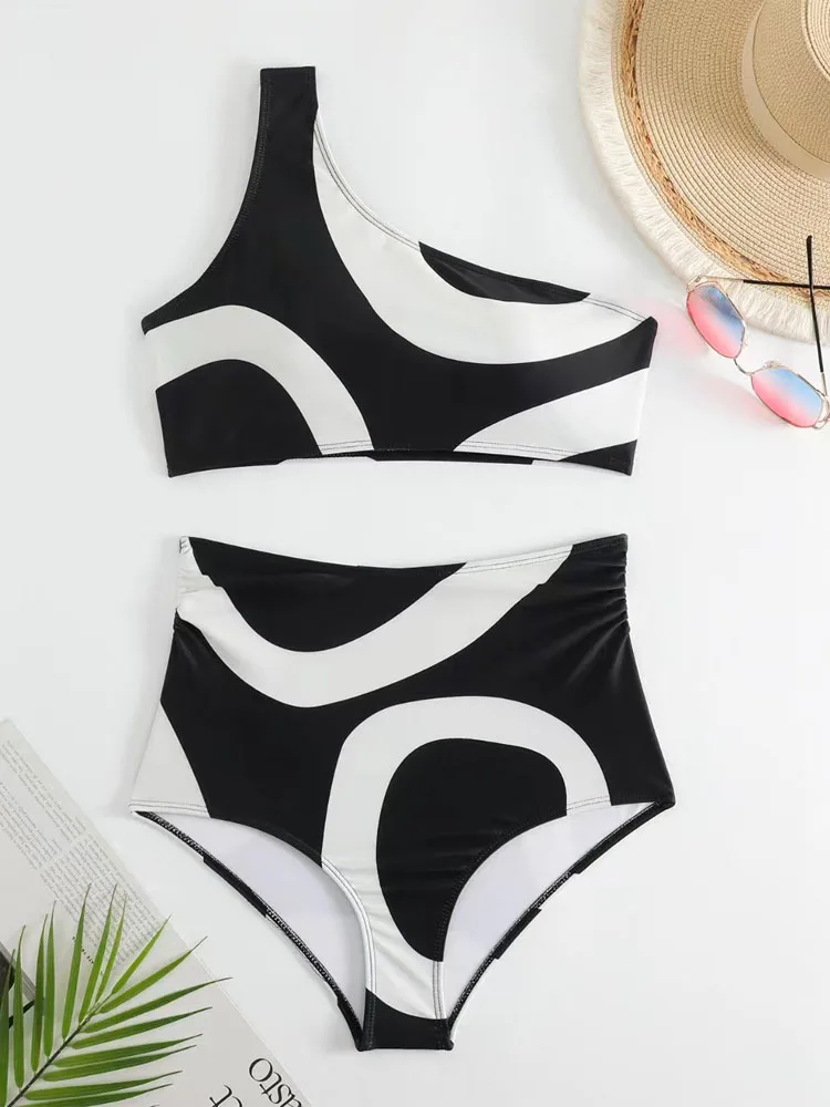 Black White Printed Split Swimsuit Two Piece Sexy One Shoulder Bikini 2023 Women High Waist Brazilian with Beach Cover Up Skirt