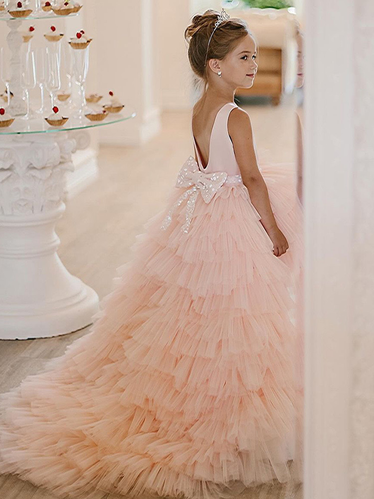 Kids Elegant Birthday Dress Formal Wear high low Ball Gown Flower Girl Dresses for Wedding TUTU Cute Princess Kids Gown communion pageant dresses mult