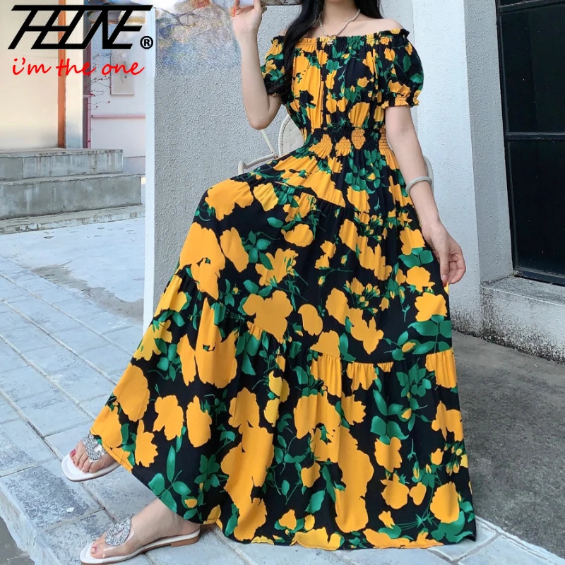 THHONE Vestidos Robe Maxi Long Dres Summer Indian Clothes Bohemian Cotton Linen Floral Short Sleeve Korean Style Casual 240523