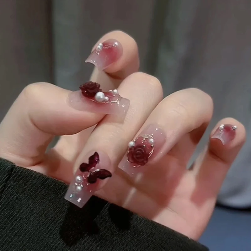 pcs False Nail Wearable Ice Color Camellia Aurora Broken Dia Ballet Fingernails Finished Removable and Reusable Patch 5