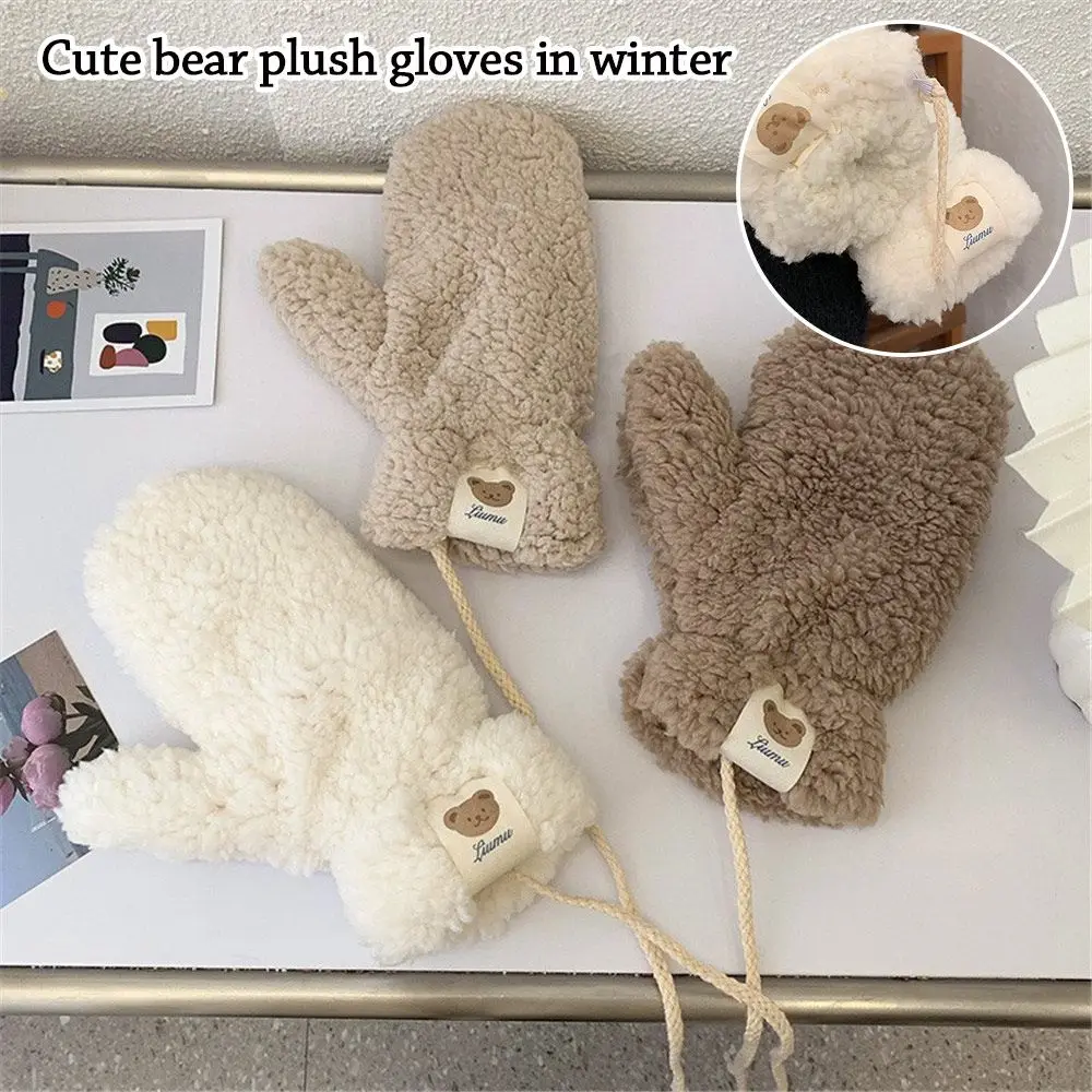 Cute Bear White Gloves Plush Thickened Winter Keep Warm Students Ride Cold Windproof Underwear Mittens Hanging Neck Famale