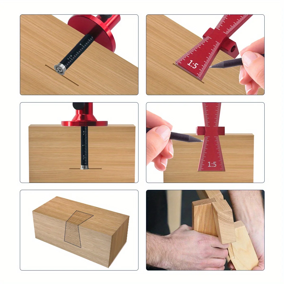 Wheel Marking Gauge Dovetail Jig Guide Marker Aluminium Alloy Scribing Tool - Woodworking 1:5 1:8, Inch/MM Scale Ruler