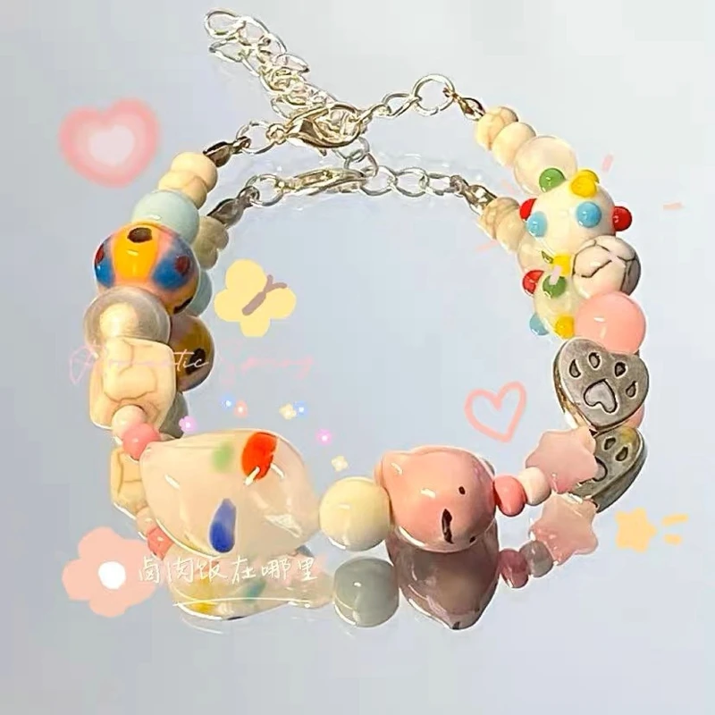 Dopamine Colorful Love Enamel Bracelets New Design Cute Heart Candy Color Bracelets Sweet Rainbow Star Elastic Rope Bracelets