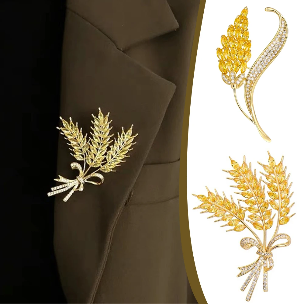 Exquisite Rhinestones Wheat Metal Golden Brooch for Women Suit Sweater Luxury Stylish Lapel Pins Jewelry Accessories Couple Gift