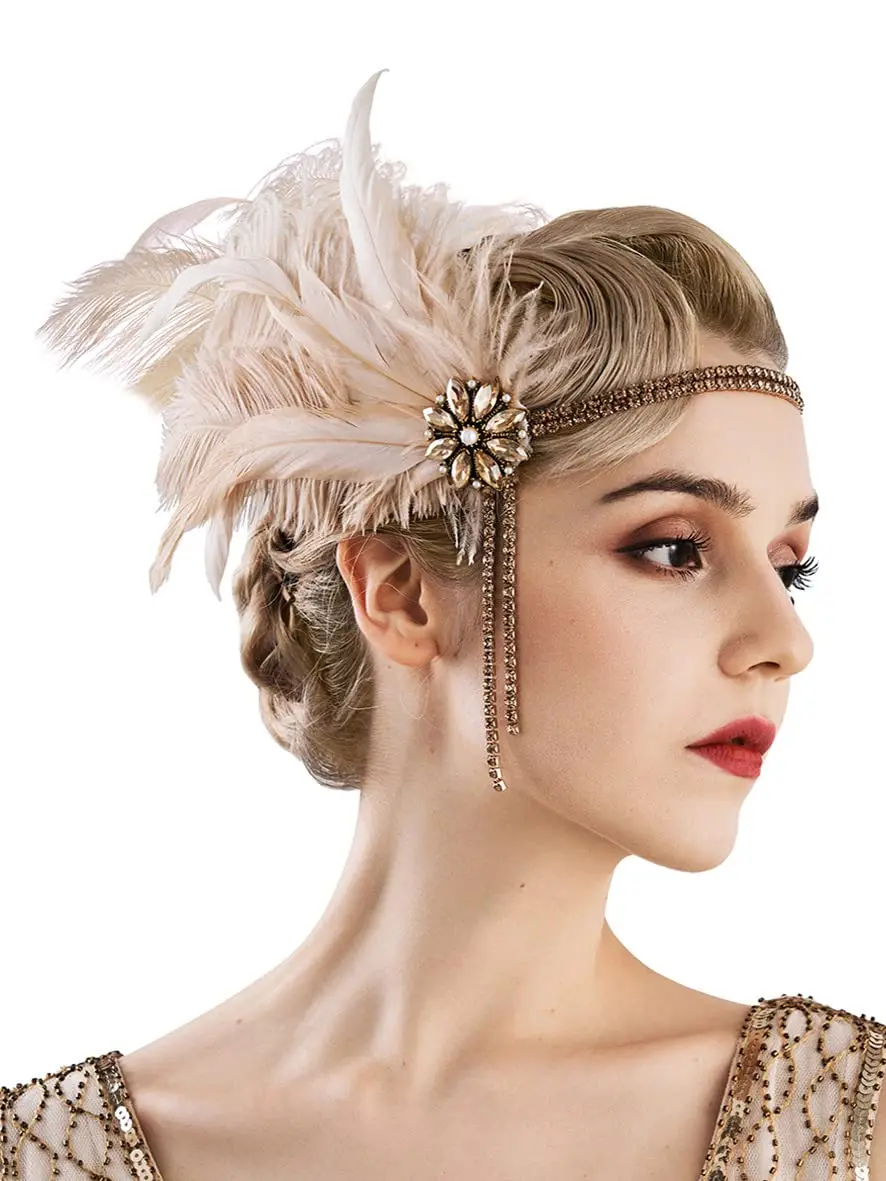 1920s Headpiece Flapper Headband, Rhinestone Pearl Feather Hair Band Great Gatsby Headpiece Accessoreis for Women