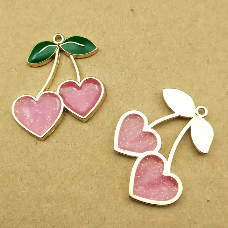 10pcs Heart Cherry Charm for Jewelry Making Enamel Earring Pendant Bracelet Necklace Accessories Diy Craft Supplies Gold Plated