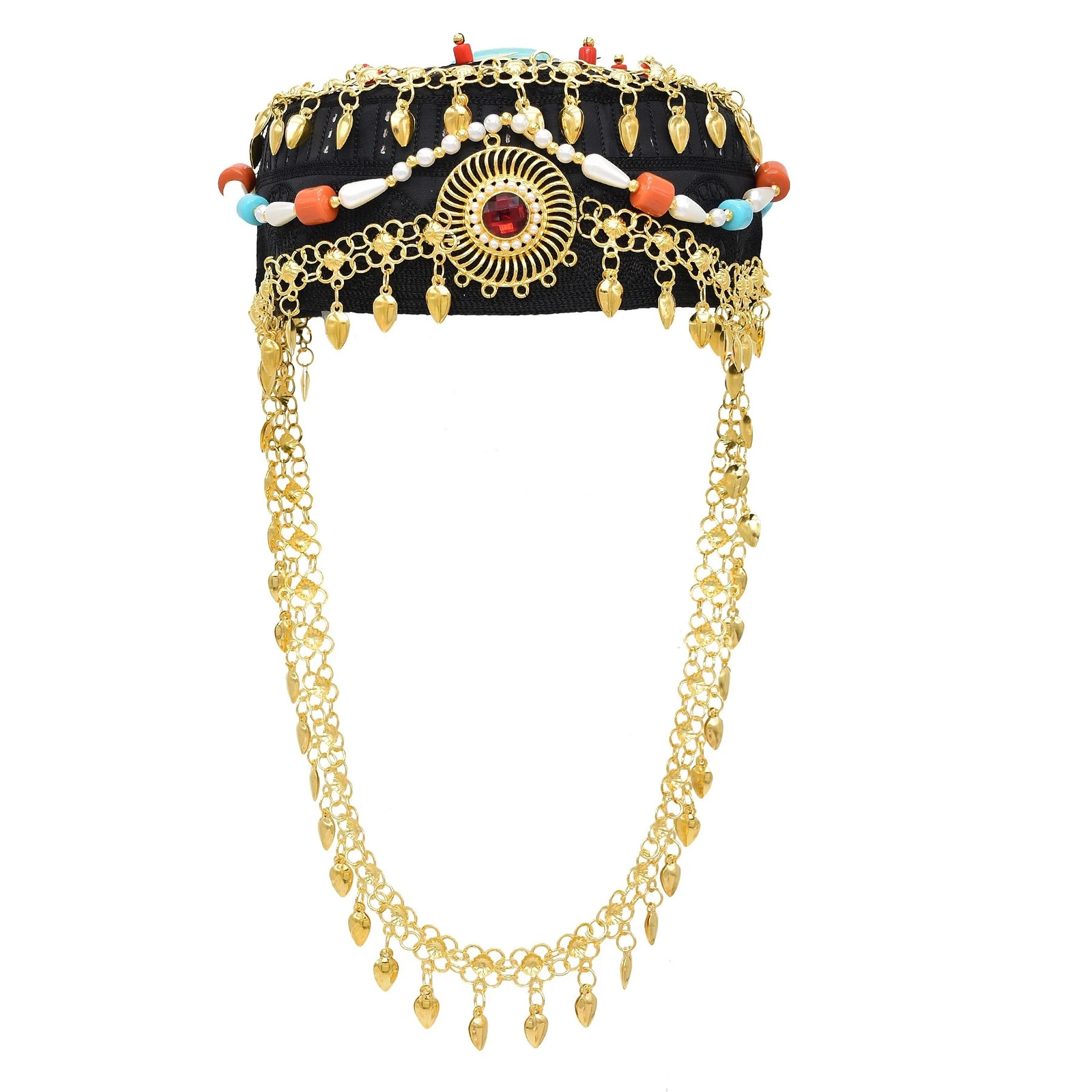 Traditional Kurdish Tibet Ethnic Hat Hair Accessories Golden Drop Coins Tassel Long Chain Gem Pearl Beads Statemet Hair Jewelry 240516