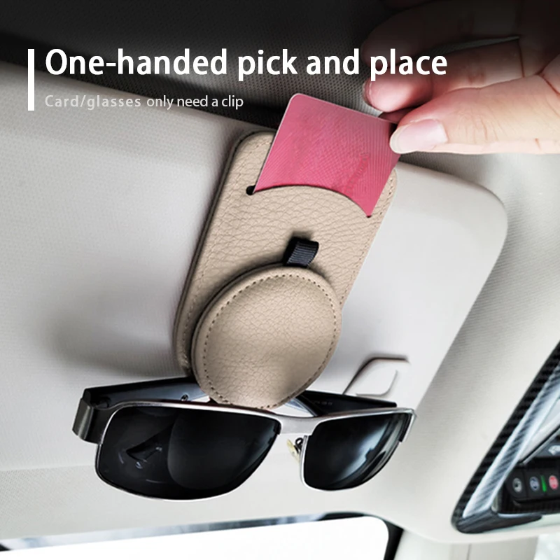 SEAMETAL Genuine Leather Car Glasses Holder Sun Visor Sunglasses Clip Premium Top Layer Cowhide Eyewear Mount with Card Holder