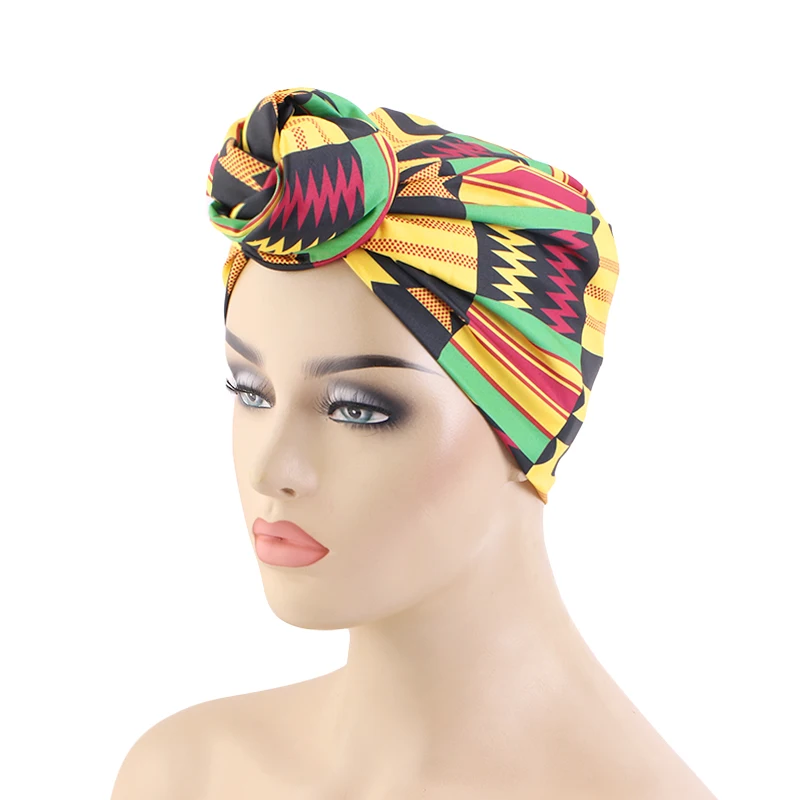 New African Pattern Print Knot turban Elastic Hair Band Bonnet Women's Party Headpiece Muslim Headwrap Chemo Cap Turbante Mujer