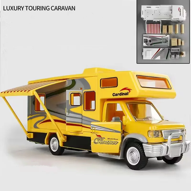 1:28 Alloy Luxury RV Caravan Vehicles Car Model Diecast Metal Camper Van Motorhome Touring Car Model Sound Light Kids Toys Gifts