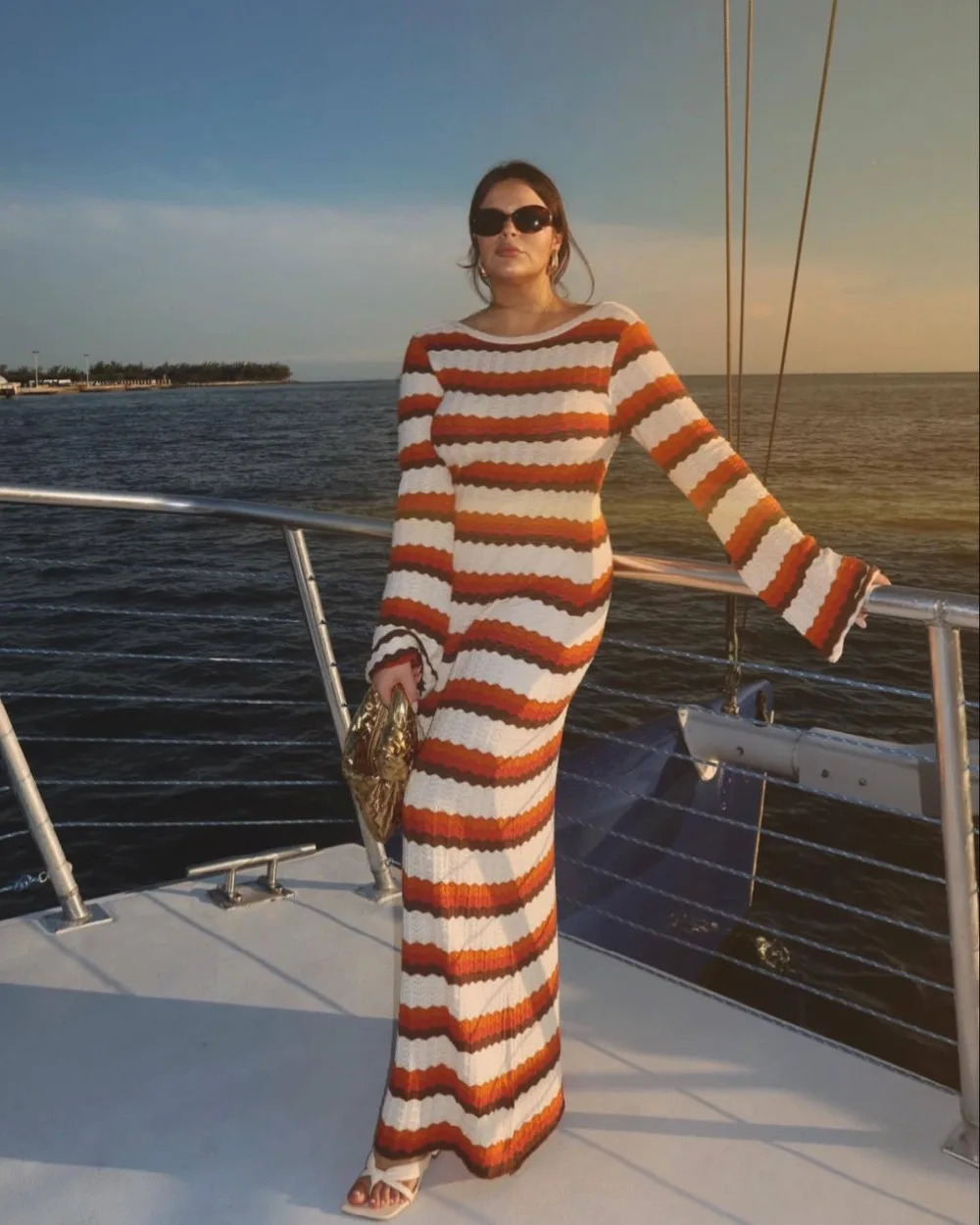 Y2k Striped Contrast Color Beach Vacation Sexy Long Dres Cotton Knitted Backless Flared Sleeve Maxi Dresses Vestidos 240523