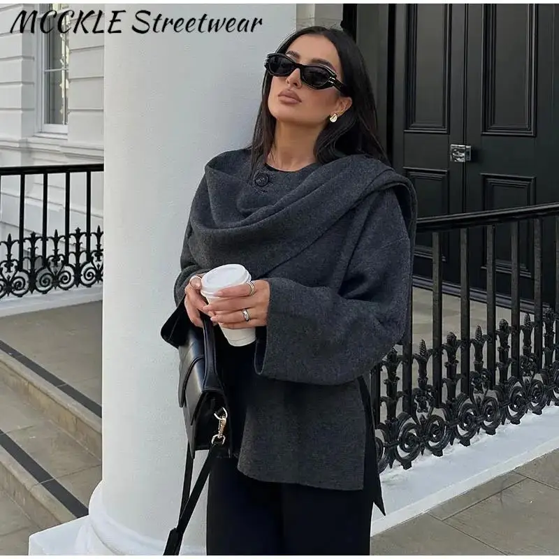 Scarf Neck Woolen Jacket Women Elegant Long Sleeve Gray Female Coat 2023 Autumn Street Single Breasted Loose Lady Outerwear