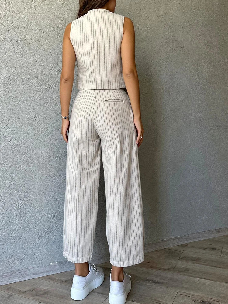 Spring Office Trouser Suit for Women Striped Sleeveless Waistcoat with Harem Pants Korean Twopiece Set Womens Tracksuits 240516