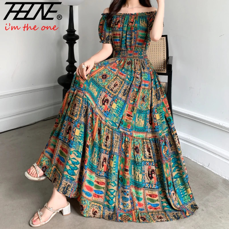 THHONE Vestidos Robe Maxi Long Dres Summer Indian Clothes Bohemian Cotton Linen Floral Short Sleeve Korean Style Casual 240523