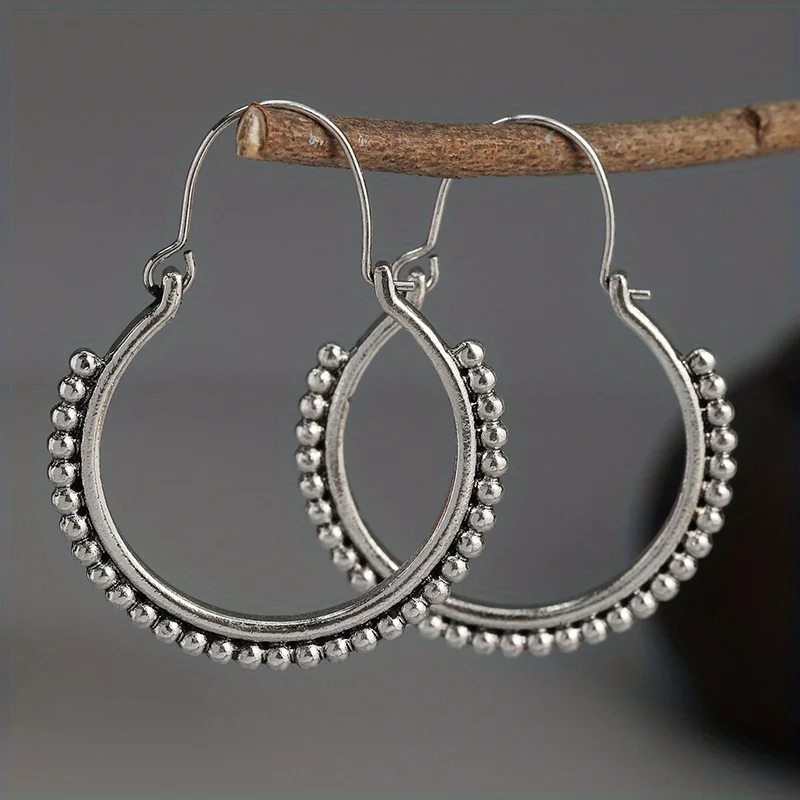 Vintage Tribal Silver Color Hoop Contemporary Earring Unique Handmade Earrings Jewelry Gifts for Her