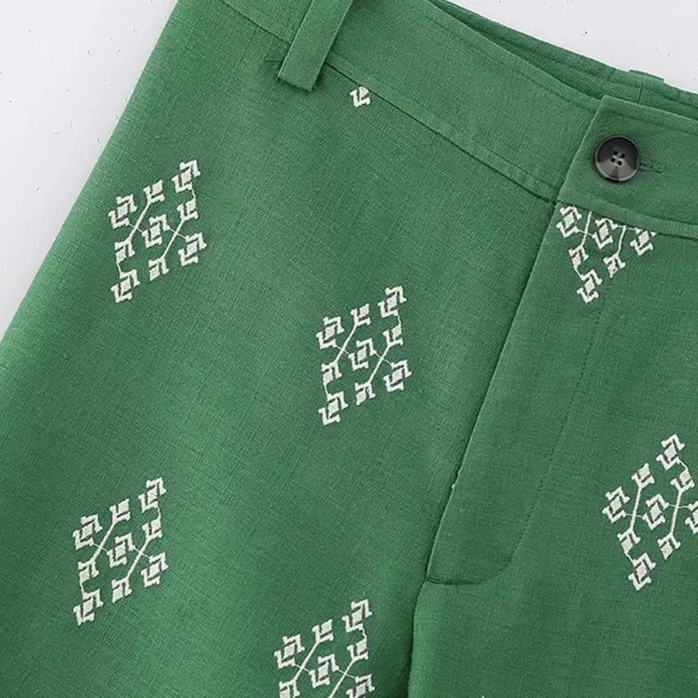 Embroidery Linen Straight Pants Women Vintage High Waist Wide Leg Zipper Fly Female Ankle Trousers Mujer Casual 240513