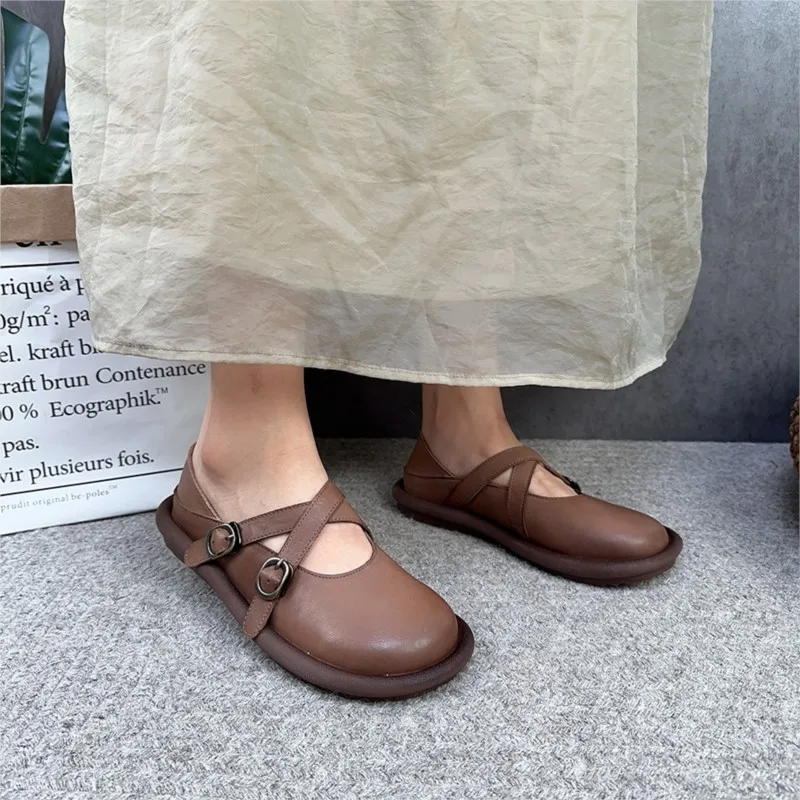 Johnature 2023 New Genuine Leather Round Toe Women Flats Shoes Handmade Solid Color Soft Sole Comfortable Casual Shoes