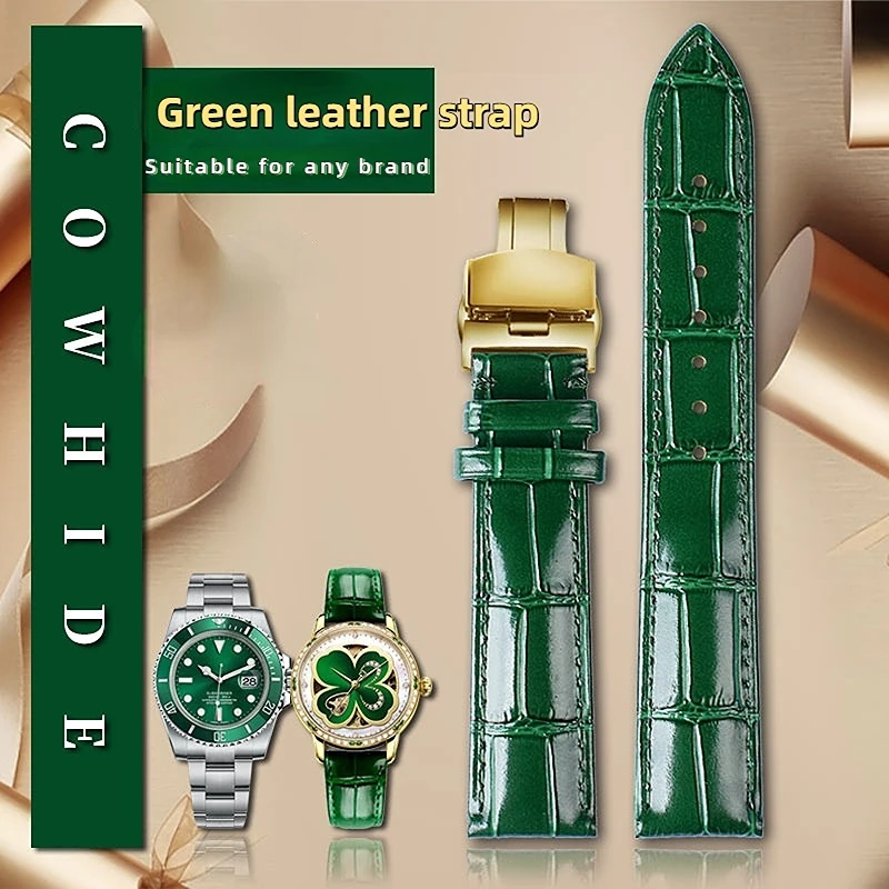 18mm 20mm 22mm High Quality Bamboo Pattern soft cowhide Strap Men Butterfly Buckle Ostrich leather Green Watchband Bracelet