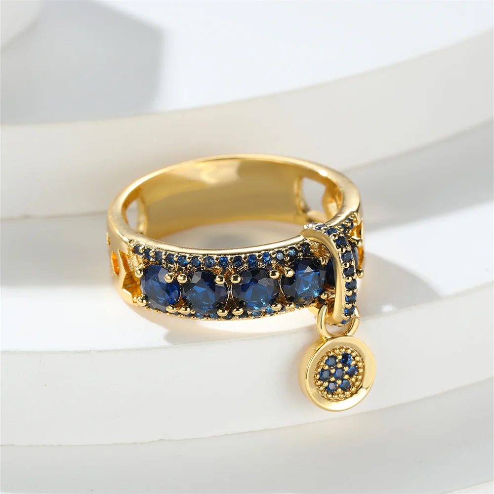 Vintage Royal Blue Stone Ring Yellow Gold Color Luxury Female Wedding Rings For Women Round Dangle Ring Engagement Jewelry Gifts