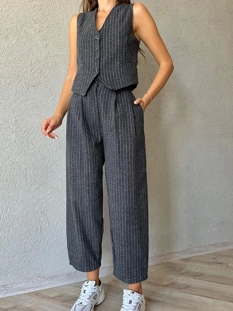 Spring Office Trouser Suit for Women Striped Sleeveless Waistcoat with Harem Pants Korean Twopiece Set Womens Tracksuits 240516