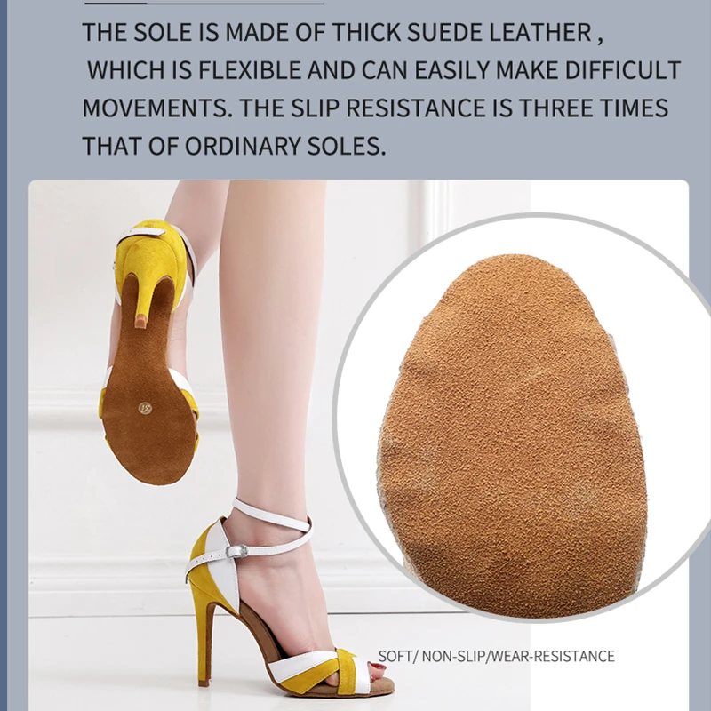 Woman Latin Ballroom White Yellow Modern Dance shoes Suede Rubber Sole Jazz salsa Cuban Slim Heels Ladies Open Toes Stiletto