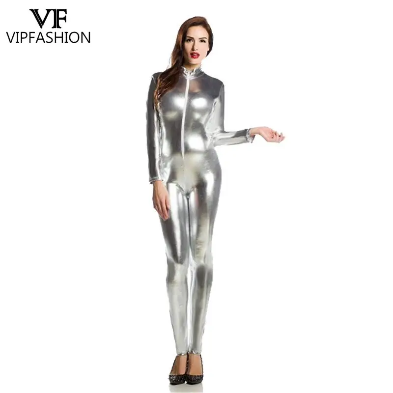 VIPFASHION Solid Women Zentai Bodysuit Sexy Black Catsuit Long Sleeve Front Zipper Cosplay Costume Carnival Holiday Clothes