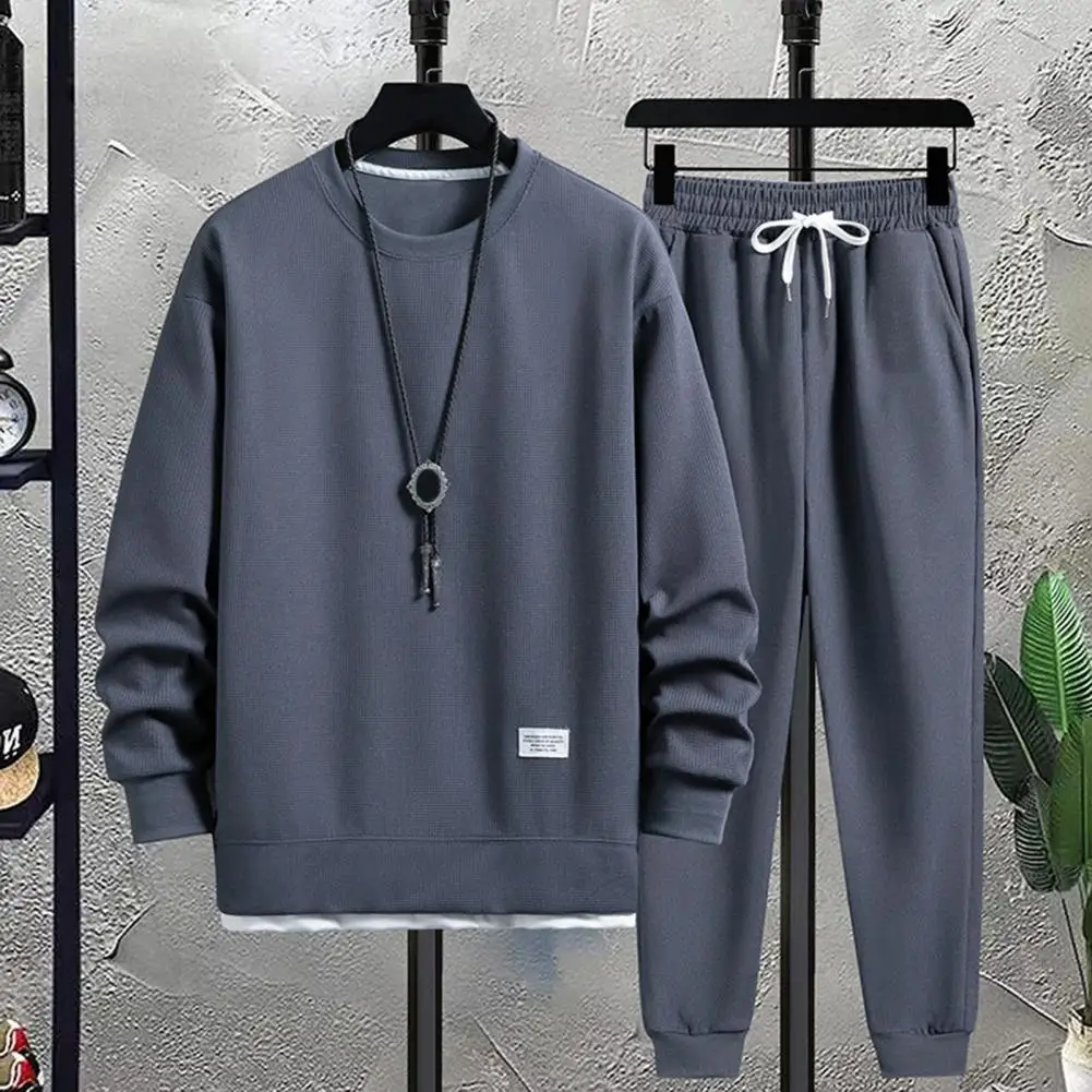 Fake Two Pieces Sweatshirt Sport Pants Set Men's Tracksuit with Waffle Texture O-neck Sweatshirt Elastic Waist Sport for Spring