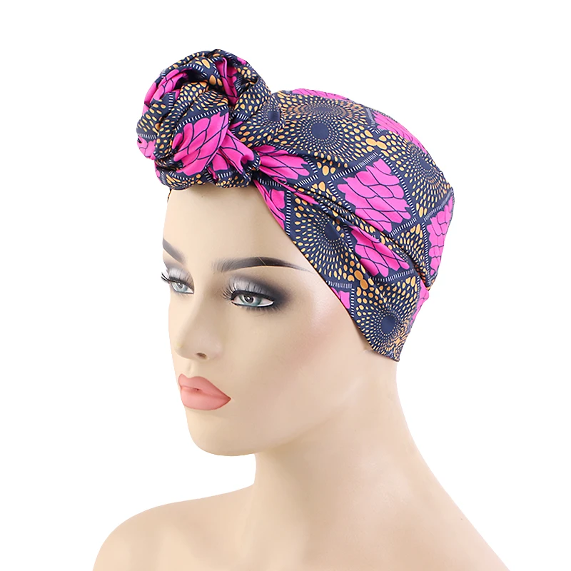 New African Pattern Print Knot turban Elastic Hair Band Bonnet Women's Party Headpiece Muslim Headwrap Chemo Cap Turbante Mujer