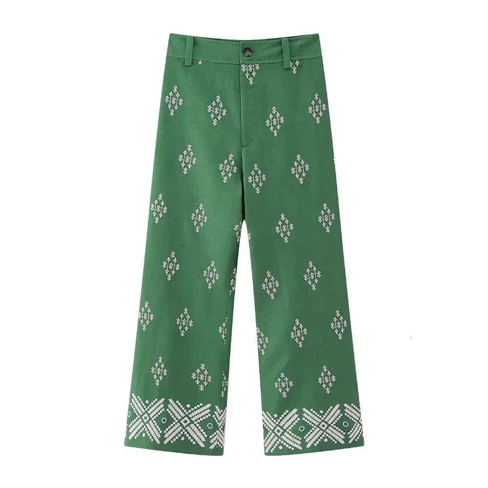 Embroidery Linen Straight Pants Women Vintage High Waist Wide Leg Zipper Fly Female Ankle Trousers Mujer Casual 240513