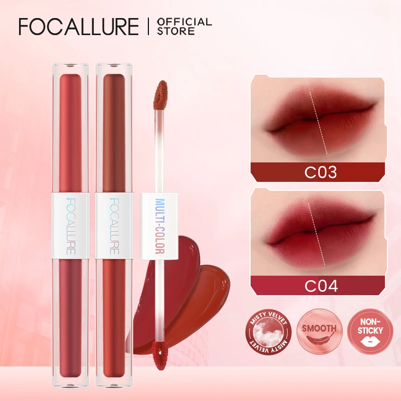 FOCALLURE Dual Head Ultralight Misty Velvet Lipgloss Non-sticky Anti-transfer Waterproof Liquid Lipstick Liptint Makeup Cosmetic