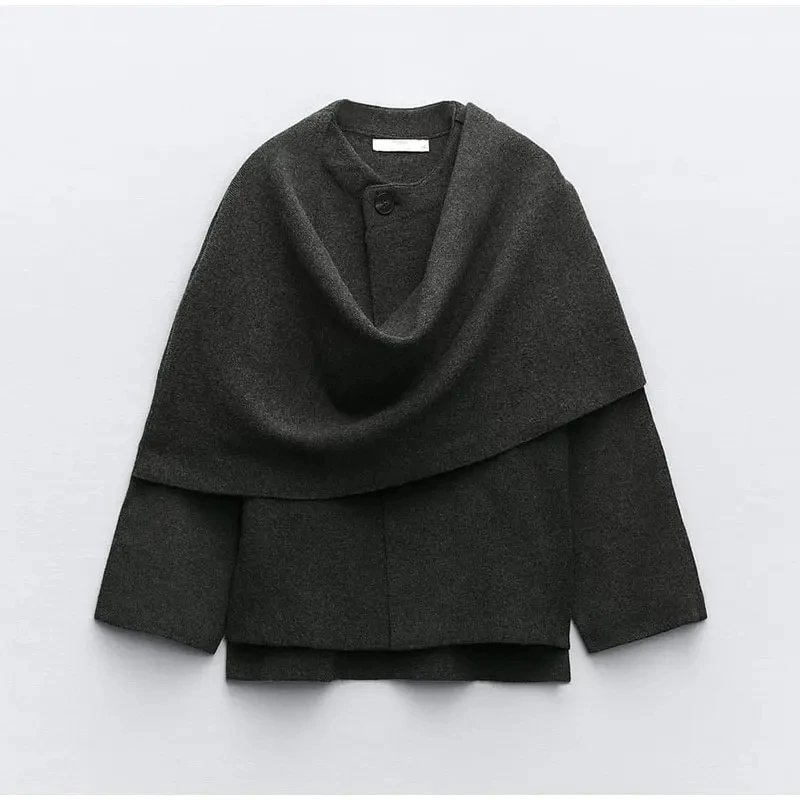 Scarf Neck Woolen Jacket Women Elegant Long Sleeve Gray Female Coat 2023 Autumn Street Single Breasted Loose Lady Outerwear