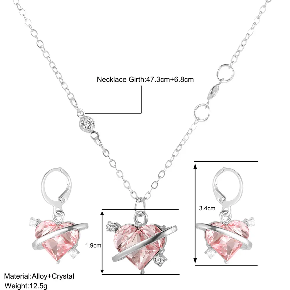 Pink Peach Love Heart Planet Crystal Rhinestone Pendant Necklace Earrings Jewelry Set for Women Teens Creative Banquet Accessory