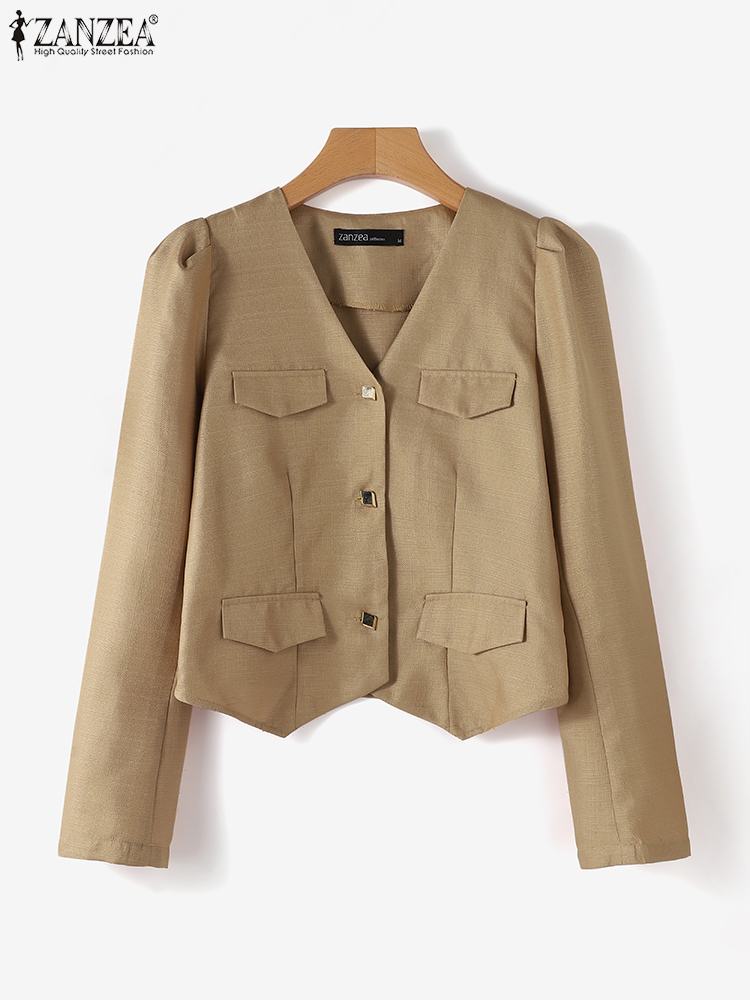 2023 ZANZEA Women Elegant V Neck Long Sleeve Blazer Autumn Office Lady Suits Coats Fashion Solid Work Jackets Party Thin Outwear