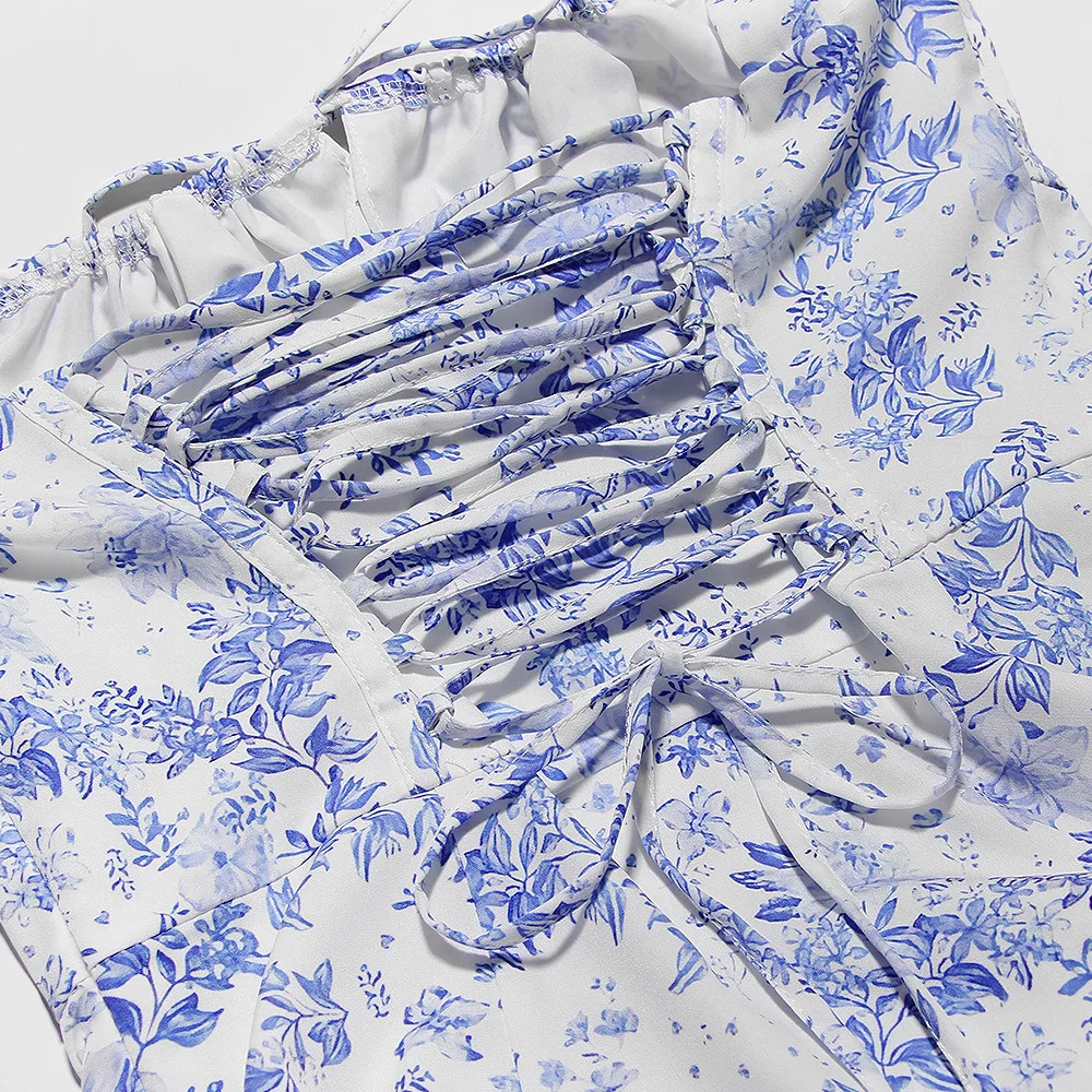 Mingmingxi Floral Print Summer Holiday Dress Elegant Midi Spaghetti Strap Lace Up Dress A Line Casual Women Clothing 240518